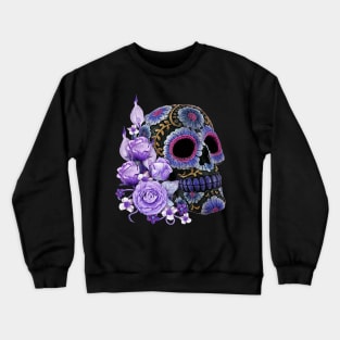 Purple Floral Black Sugar Skull Day Of The Dead Crewneck Sweatshirt